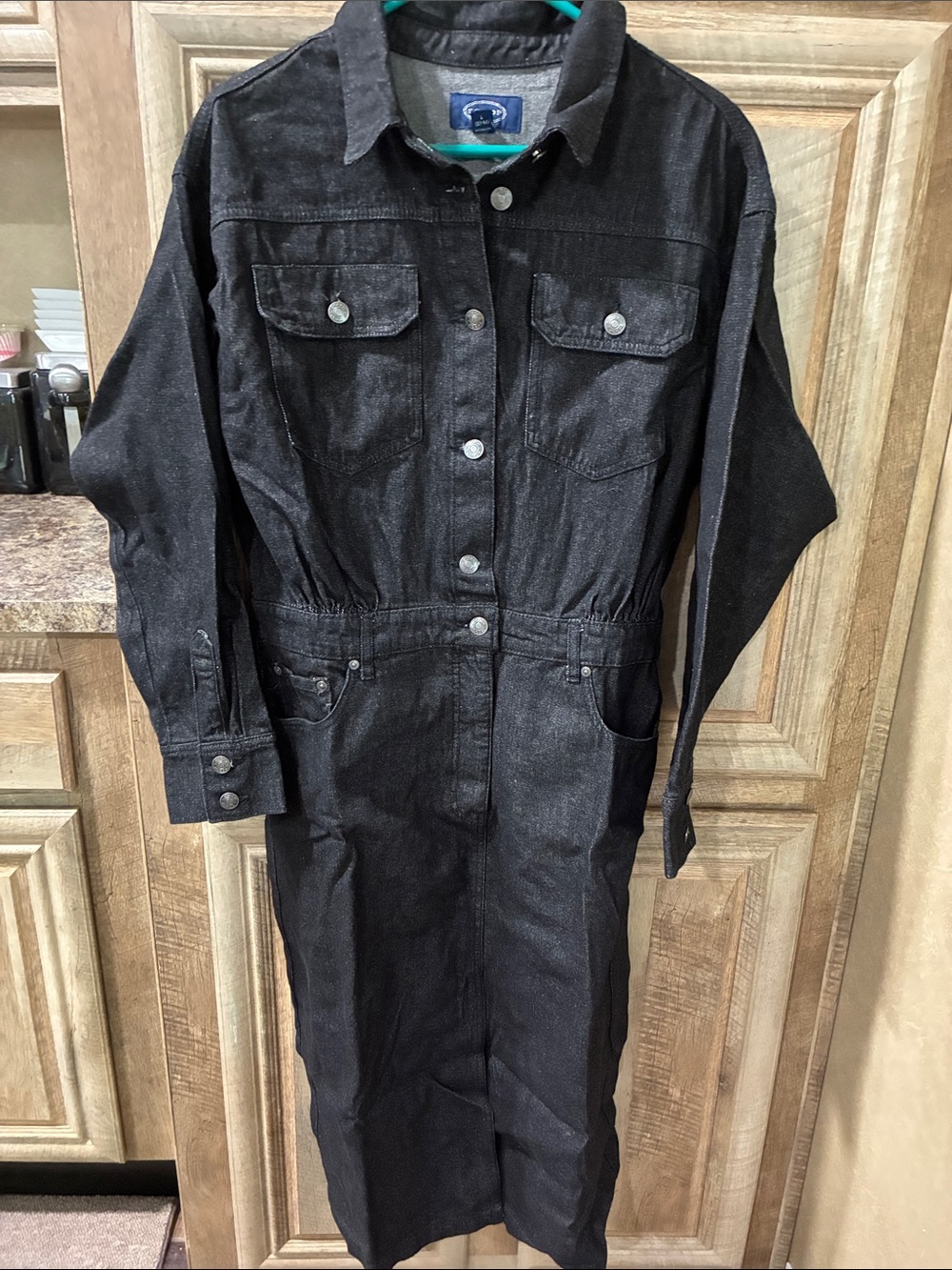 Scoop Brand Black Color Long-Sleeve Button-Down Denim Dress